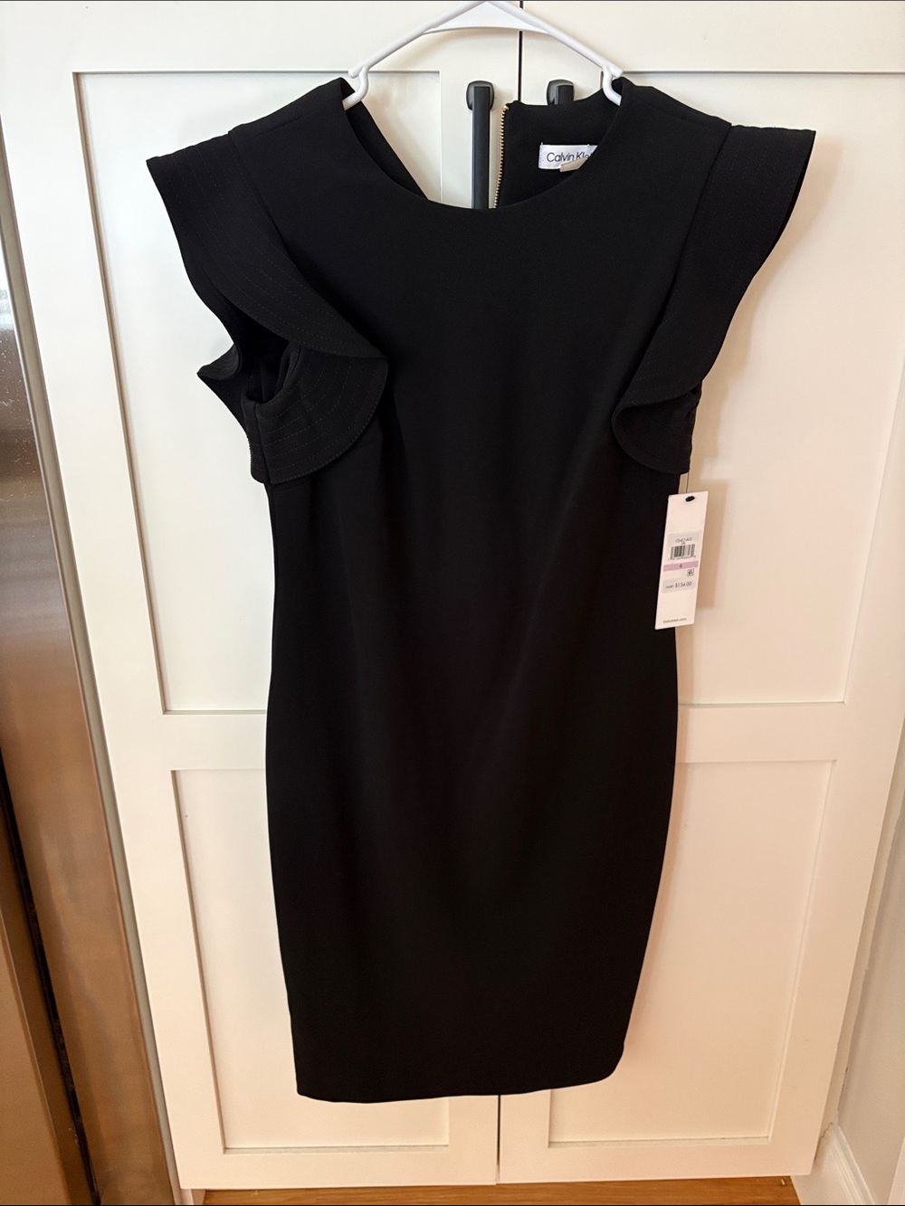 Calvin Klein Black Midi Sheath Dress with Ruffle Cap Sleeves
